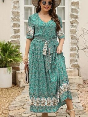 Bohemian Teal Print V-Neck Maxi Dress with Tie Waist